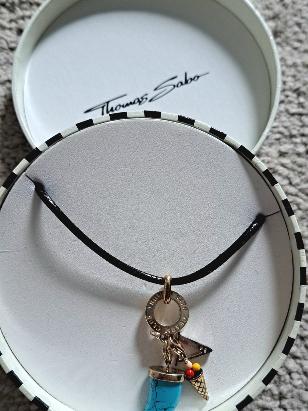 Thomas Sabo Turquoise and Gold Charm Necklace with Black Cord